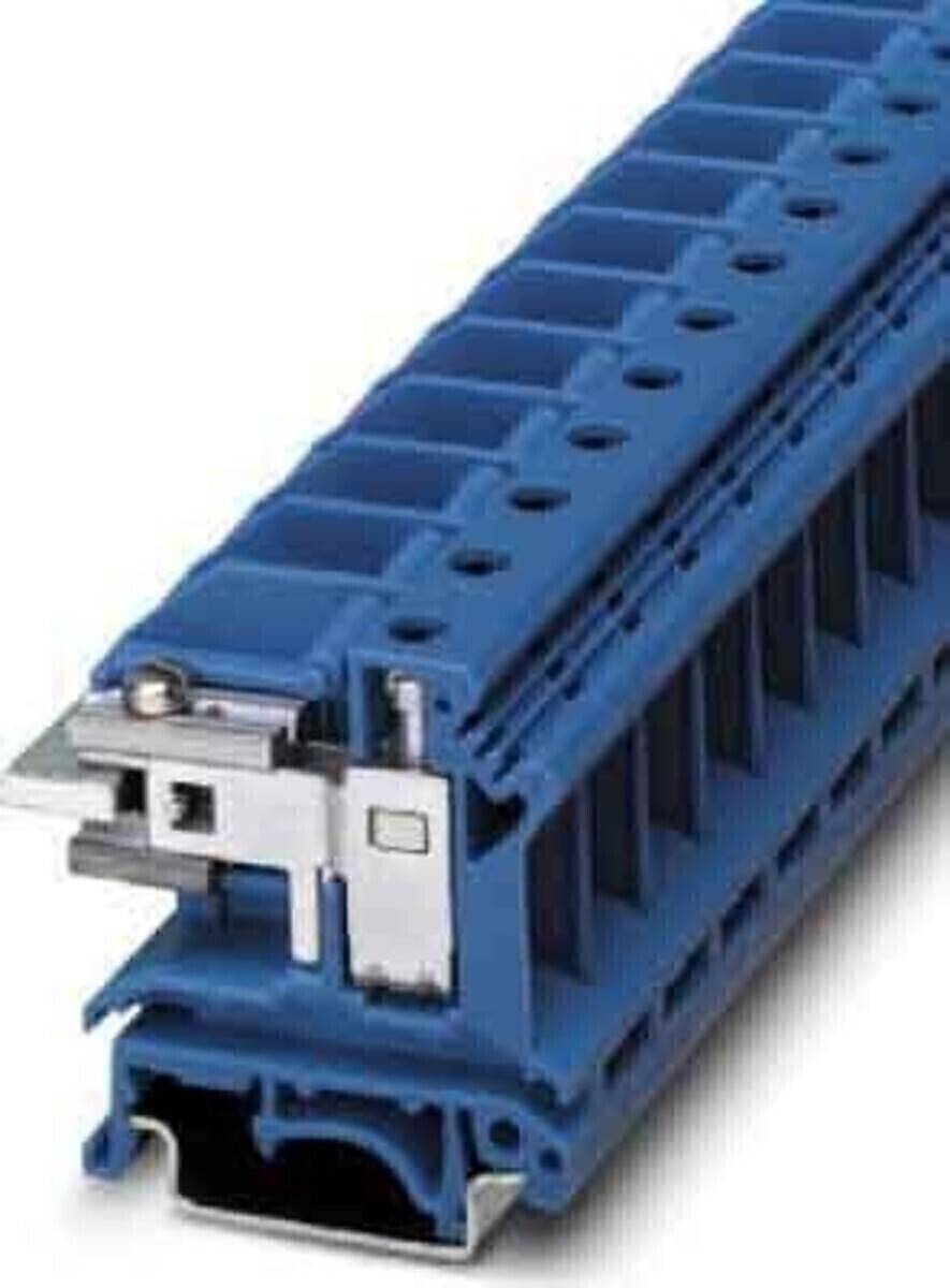 Ein Nahaufnahme-Bild eines blauen industriellen elektrischen Klemmenblocks mit mehreren Anschlusspunkten und einem Metallclip zur sicheren Befestigung.