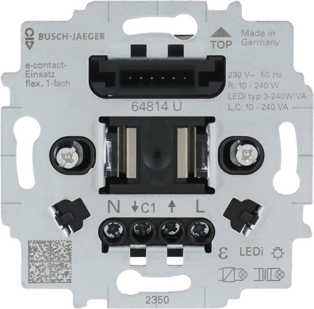 E-contact Einsatz flex, 1-fach' elektrische Komponente von Busch-Jaeger, mit Anschlussklemmen und Spezifikationsetiketten. Hergestellt in Deutschland.