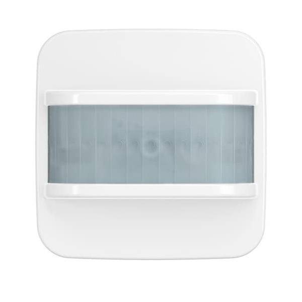 Ein weißer Bewegungssensor mit rechteckiger Form und einem transluzenten Panel in der Mitte, konzipiert für Sicherheits- und Automatisierungssysteme.