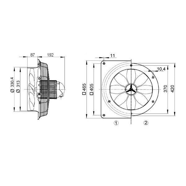 Technische Zeichnung eines Radialventilators mit Seiten- und Frontansicht, die Gesamtabmessungen und Befestigungslochpositionen zeigen.