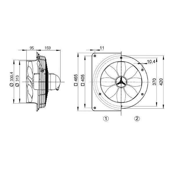 Technische Maßstabzeichnung eines runden Lüfters/Ventilators mit Seiten- und Vorderansicht mit Abmessungen in Millimetern.