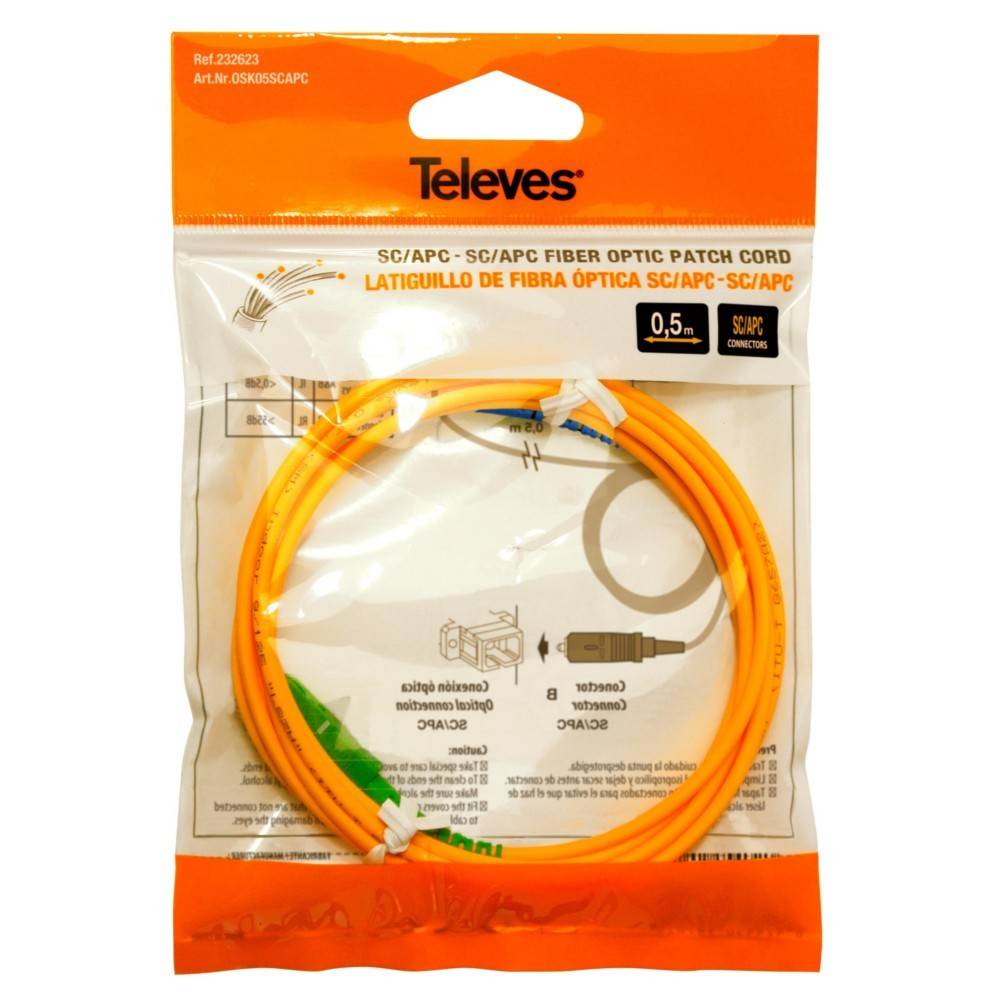 Glasfaser-Patchkabel von Televes, SC/APC-Anschlüsse, 0,5m Länge, orangefarbenes Kabel sichtbar durch transparente Kunststoffverpackung.