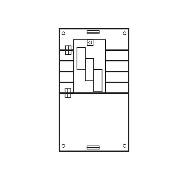 Einfacher schwarz-weißer Grundriss eines rechteckigen Raums mit einer zentralen Innenstruktur und seitlichen Trennwänden, dargestellt in schematischer Diagrammform.