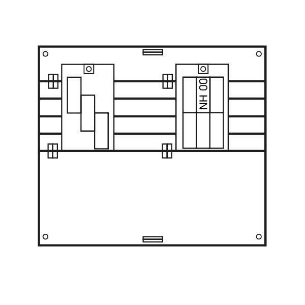 Schwarz-Weiß-Diagramm einer rechteckigen Elektroschalttafel mit zwei Schutzschaltern und beschrifteten Verdrahtungssteckplätzen, von oben betrachtet.