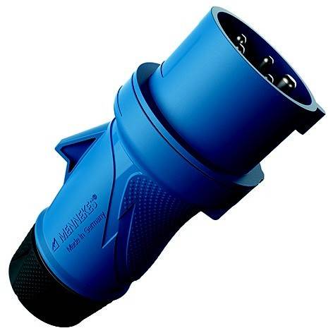 Blauer Industrie-Stecker mit drei Kontakten auf weißem Hintergrund.