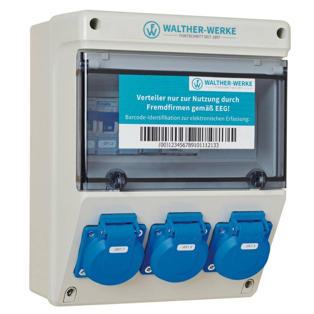 Walther-Werke Elektroverteilerschrank mit blauen Steckdosen. Beschriftung lautet: 'Verteiler nur zur Nutzung durch Fremdfirmen gemäß EEG!'