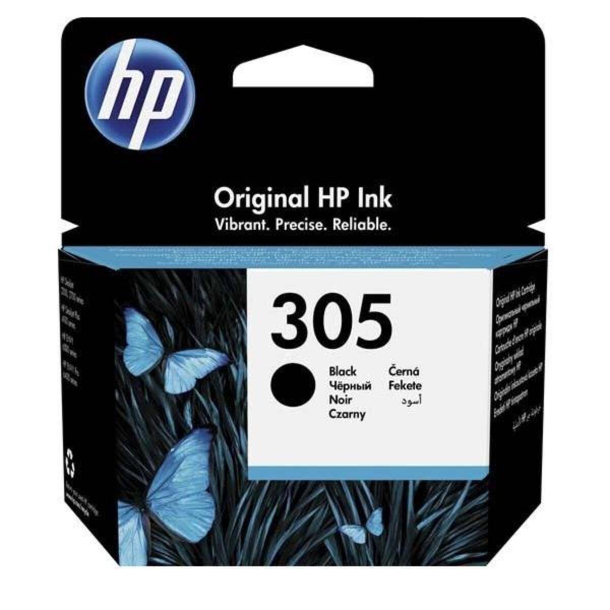 Originaldruckkopfpatrone von HP in der Schachtel mit der Bezeichnung 305 Schwarz, mit blauem Schmetterlingsdesign und HP-Logo.