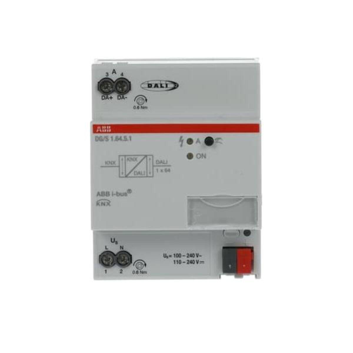 ABB i-bus KNX DALI-Gateway-Modul mit Anschlussklemmen, Status-LEDs und rotem-schwarzem Schalter auf der Vorderseite