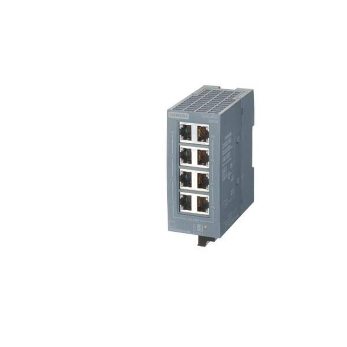 Grauer Siemens Industrial Ethernet Switch mit acht RJ45-Anschlüssen, auf weißem Hintergrund dargestellt.