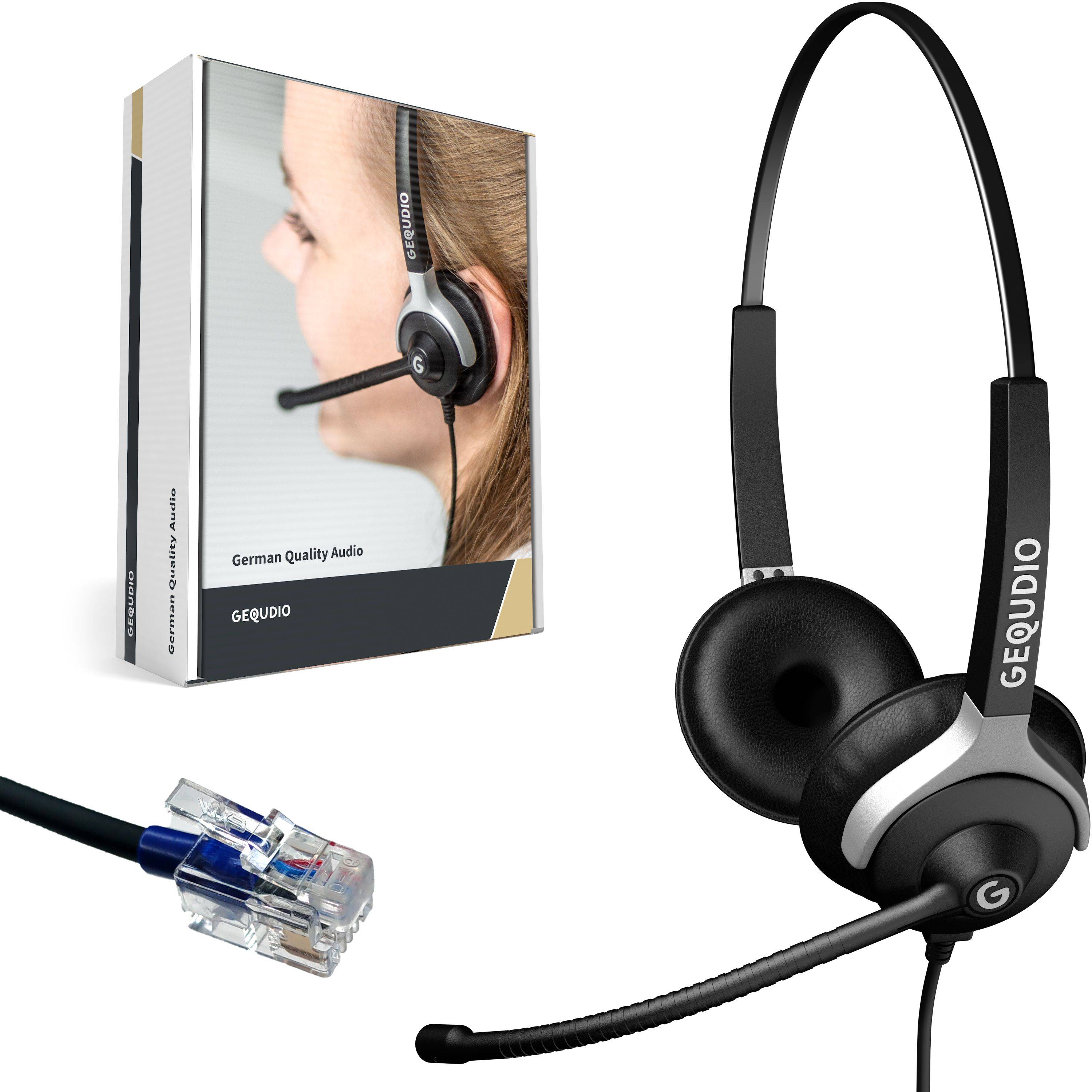 GEQUIO Kabelgebundenes Headset mit Boom-Mikrofon, gezeigt mit Einzelhandelverpackung und Ethernet-ähnlichem Stecker auf weißem Hintergrund.