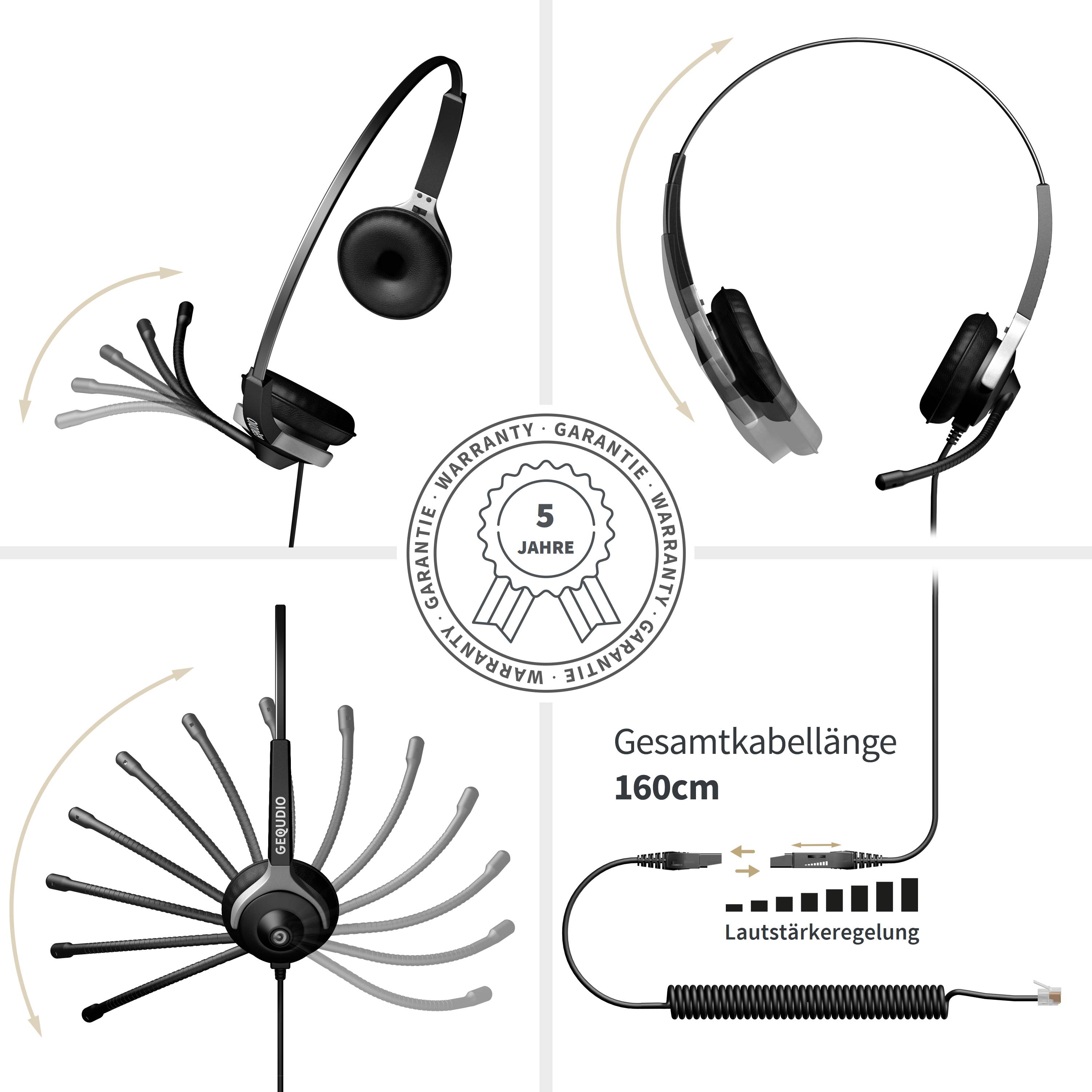Infografik eines kabelgebundenen Headsets mit Boom-Mikrofon, das einstellbare Trageposition, 160 cm Kabel, Lautstärkeregelung und ein 5-Jahres-Garantie-Abzeichen zeigt.