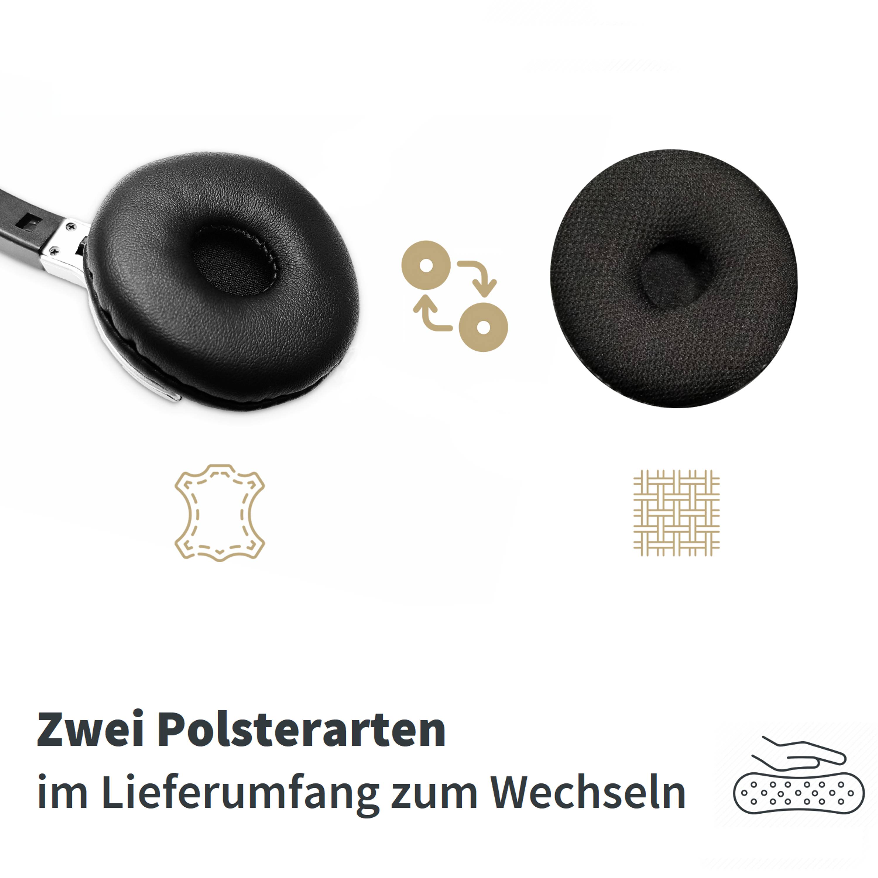 Vergleich von zwei austauschbaren Kopfhörer-Ohrpolstern, nebeneinander dargestellt mit deutschem Text „Zwei Polsterarten im Lieferumfang zum Wechseln
