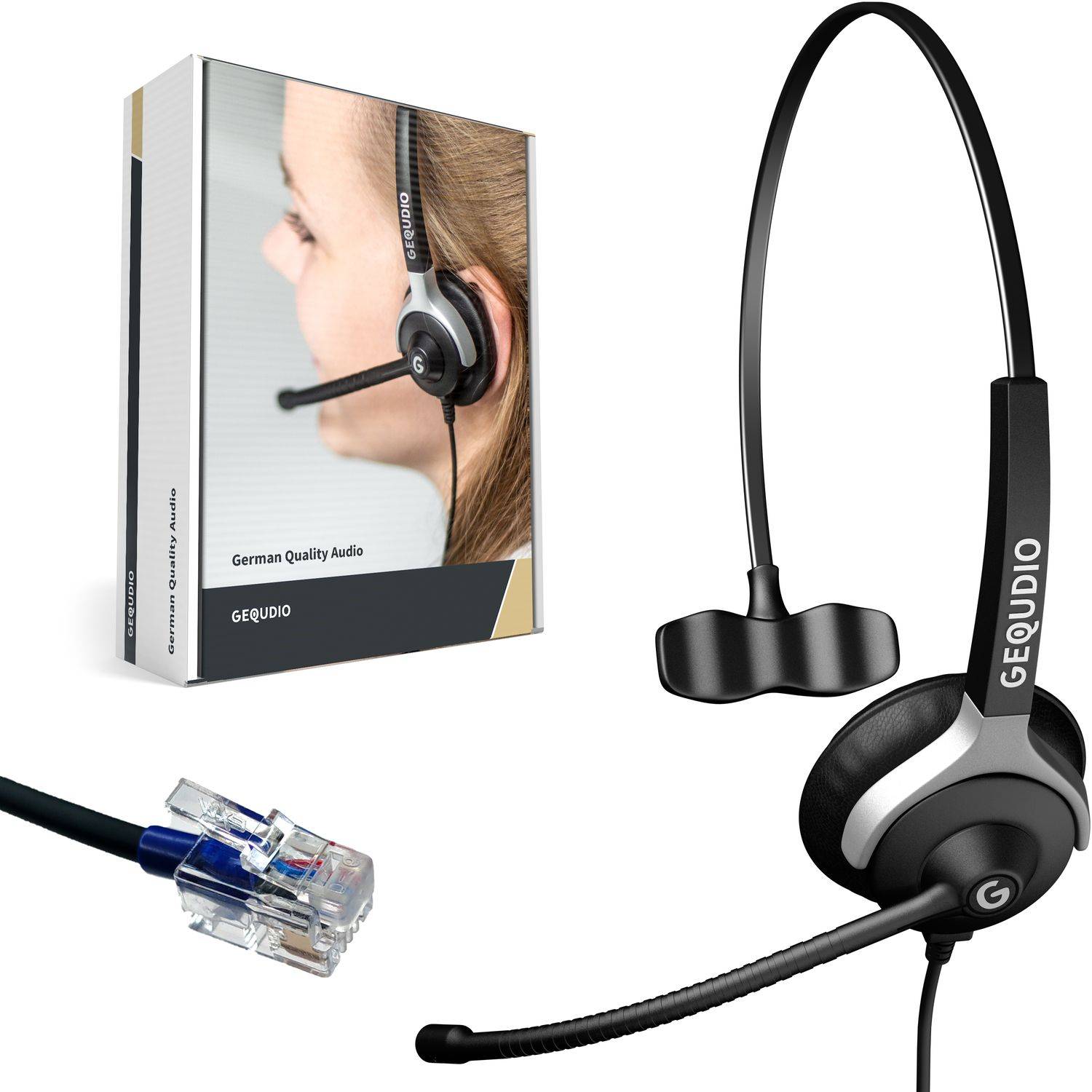 GEQUDIO Headset 1-Ohr für Cisco Telefon inklusive RJ Kabel, Lautstärkeregelung, Ersatz Polster, besonders leicht 60g