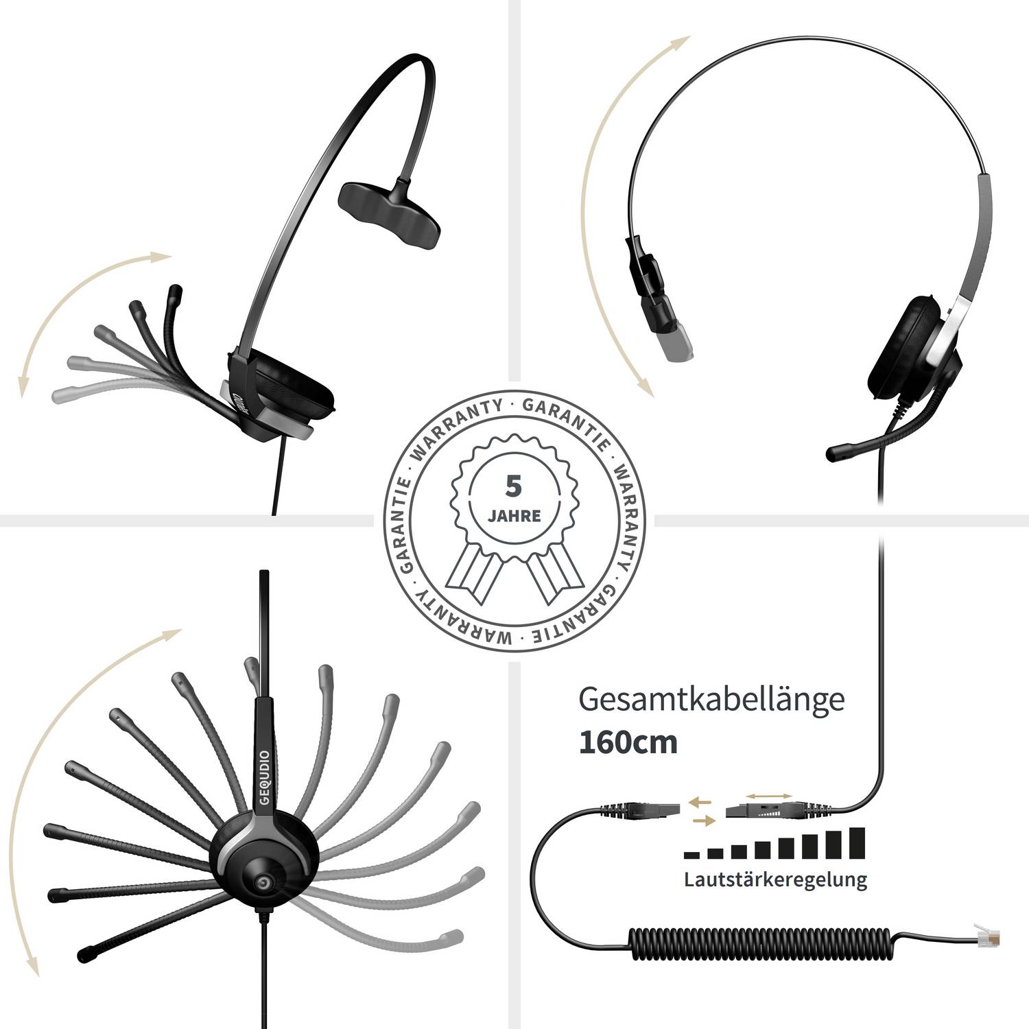 GEQUDIO Headset 1-Ohr für Cisco Telefon inklusive RJ Kabel, Lautstärkeregelung, Ersatz Polster, besonders leicht 60g