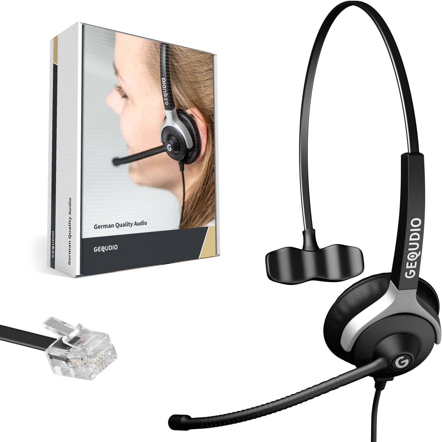 GEQUDIO Headset 1-Ohr für Unify, Mitel, Aastra, innovaphone Telefon inklusive RJ Kabel, Lautstärkeregler, Ersatz Polster