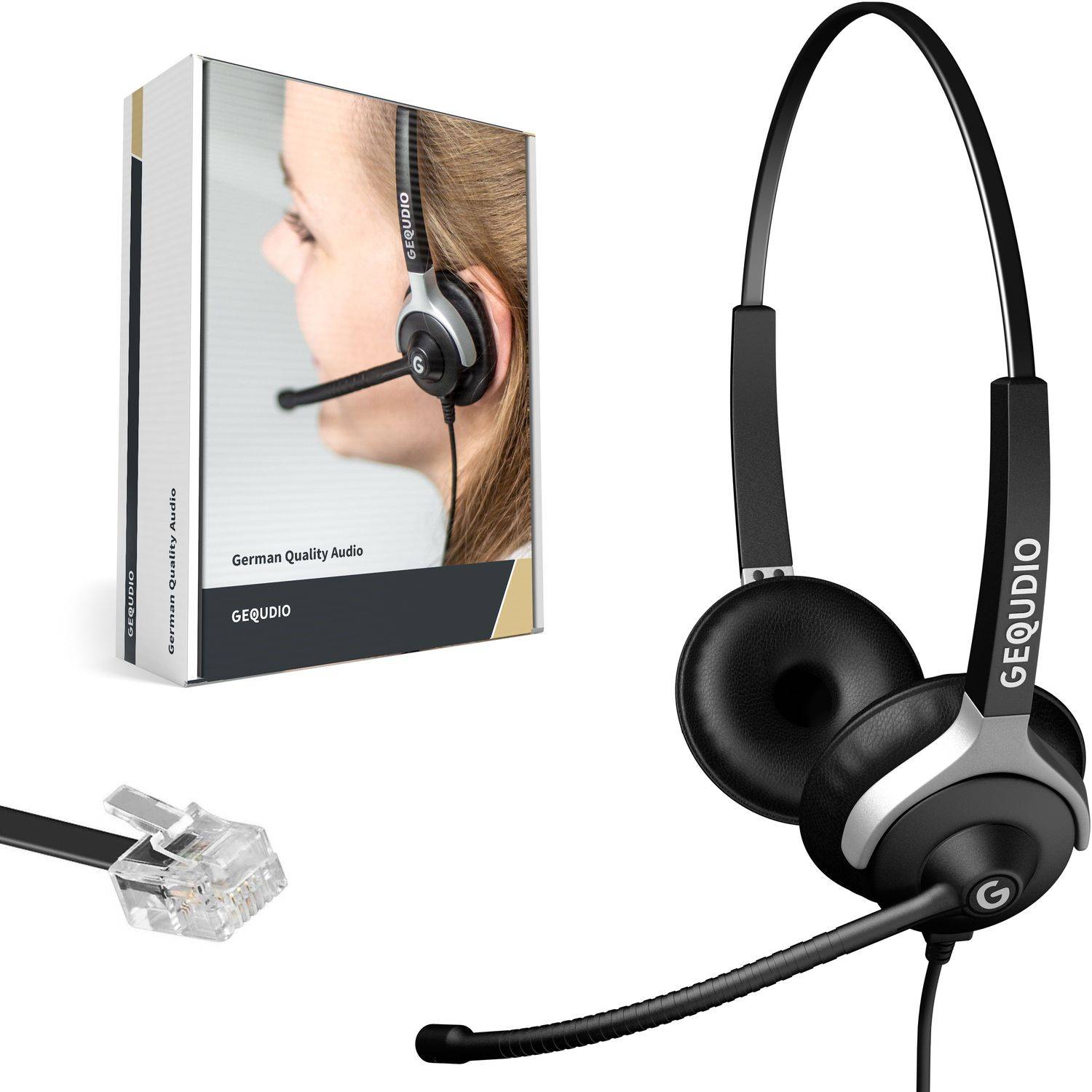 GEQUDIO Headset 2-Ohr für Unify, Mitel, Aastra, innovaphone Telefon inklusive RJ Kabel, Lautstärkeregler, Ersatz Polster