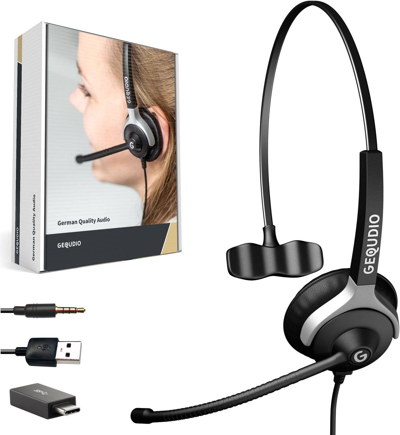 GEQUDIO Headset 1-Ohr mit USB-A, USB-C und 3,5mm Klinke für PC, Mac und Smartphone, inklusive Anschlusskabel und Adapter