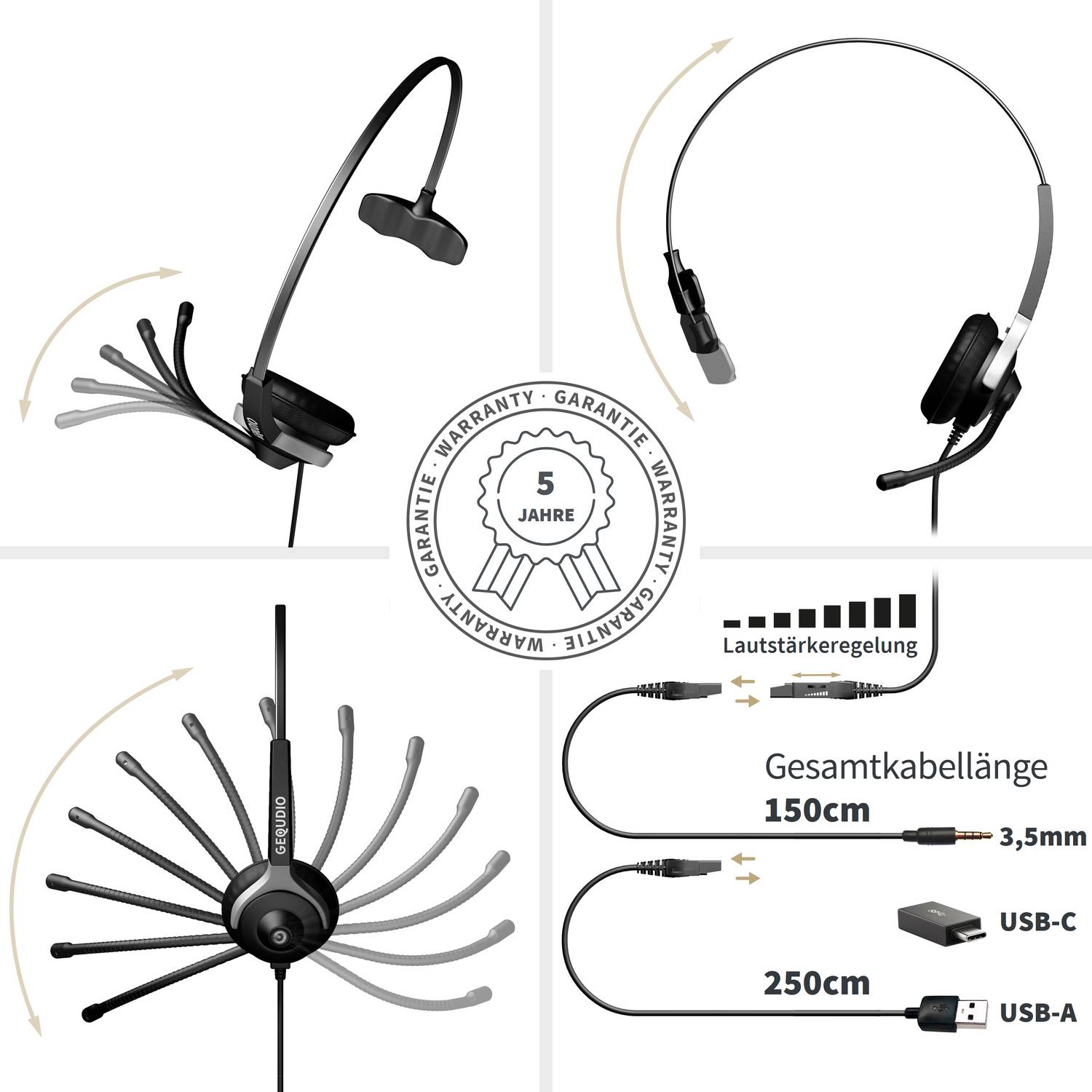 GEQUDIO Headset 1-Ohr mit USB-A, USB-C und 3,5mm Klinke für PC, Mac und Smartphone, inklusive Anschlusskabel und Adapter