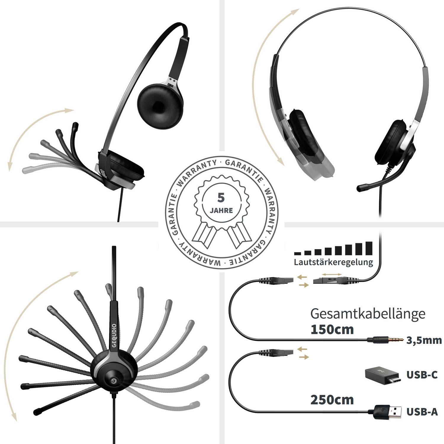 GEQUDIO Headset 2-Ohr mit USB-A, USB-C und 3,5mm Klinke für PC, Mac und Smartphone, inklusive Anschlusskabel und Adapter