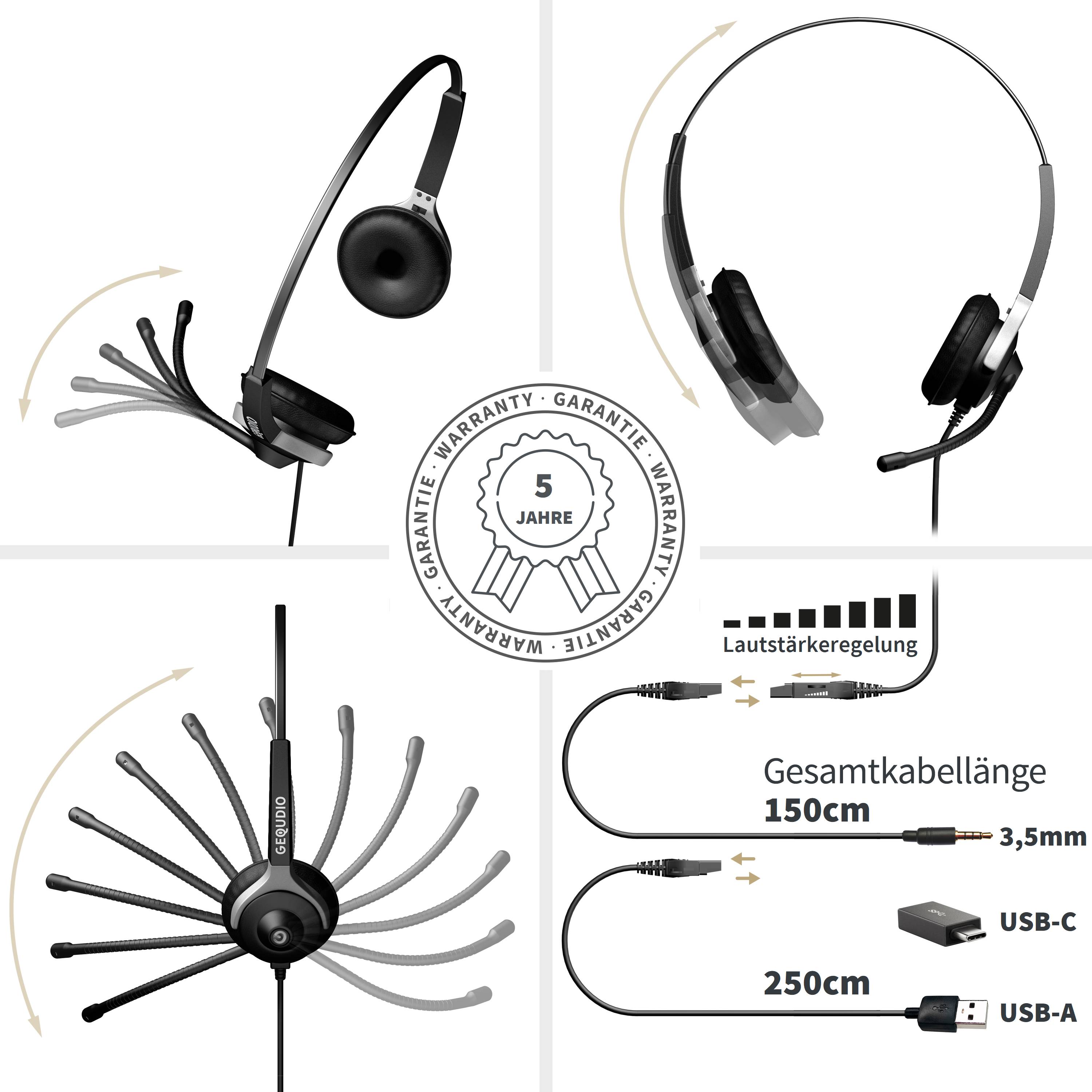 Collage eines schwarzen Over-Ear-Kopfhörers mit einstellbaren Positionen, 5-jähriger Garantie, Lautstärkeregelung und Kabellängen: 150 cm 3,5 mm, 250 cm USB-C/USB-A.