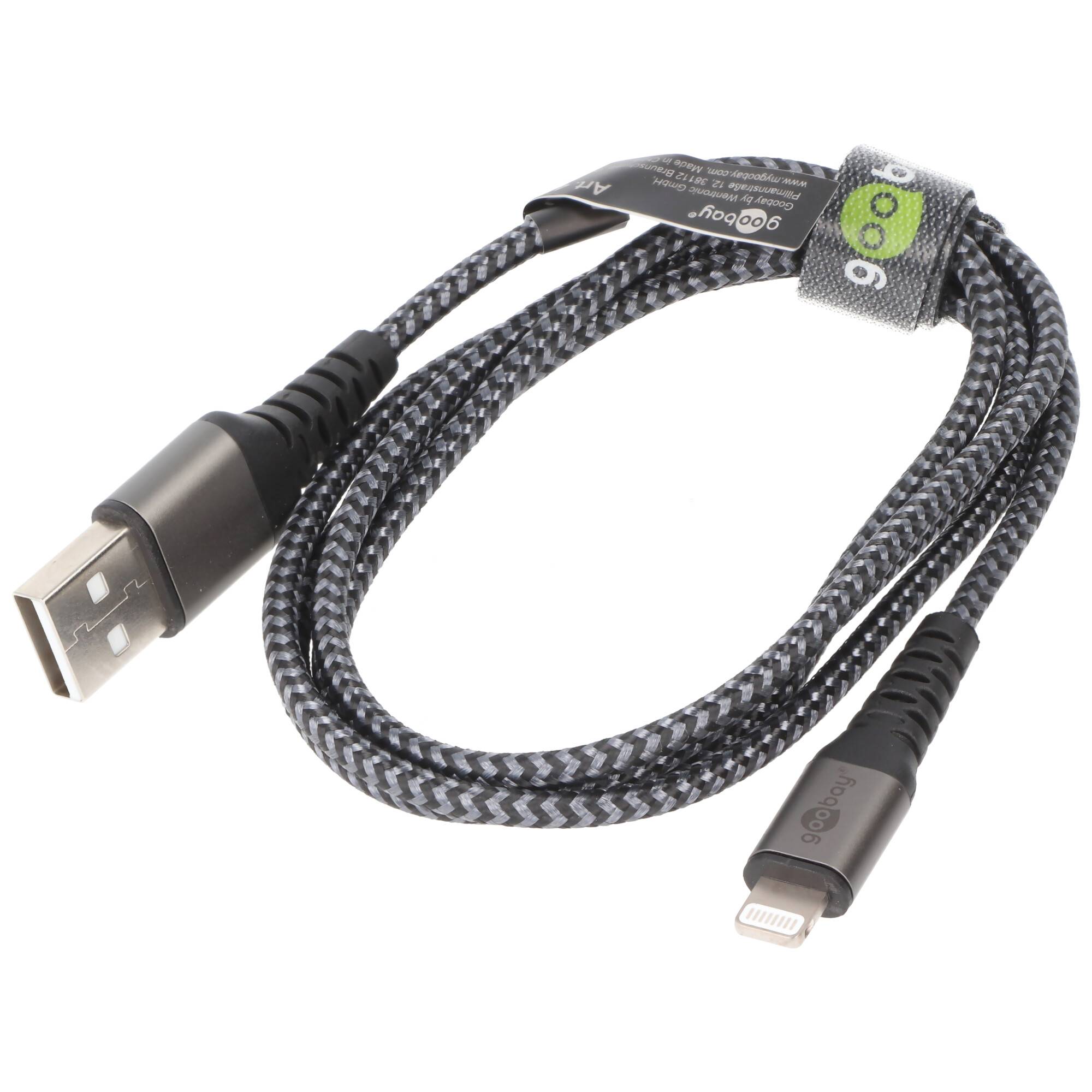 Lightning auf USB-A Textilkabel mit Metallsteckern, extra-robustes Verbindungskabel für Apple iPhone, iPad, iPod, AirPod