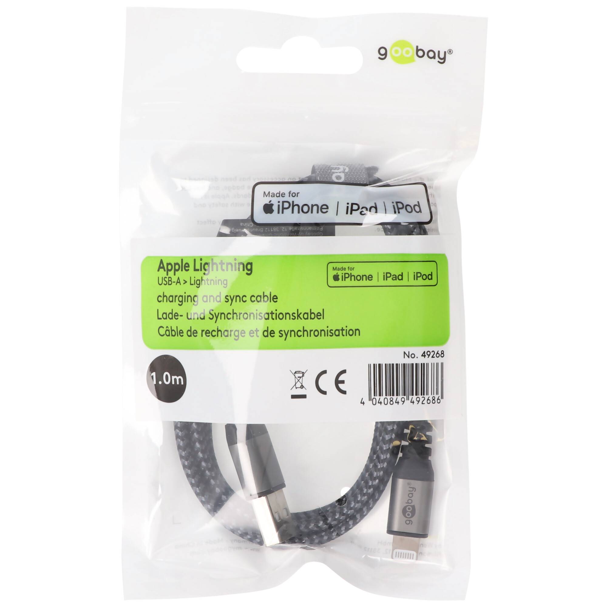 Lightning auf USB-A Textilkabel mit Metallsteckern, extra-robustes Verbindungskabel für Apple iPhone, iPad, iPod, AirPod