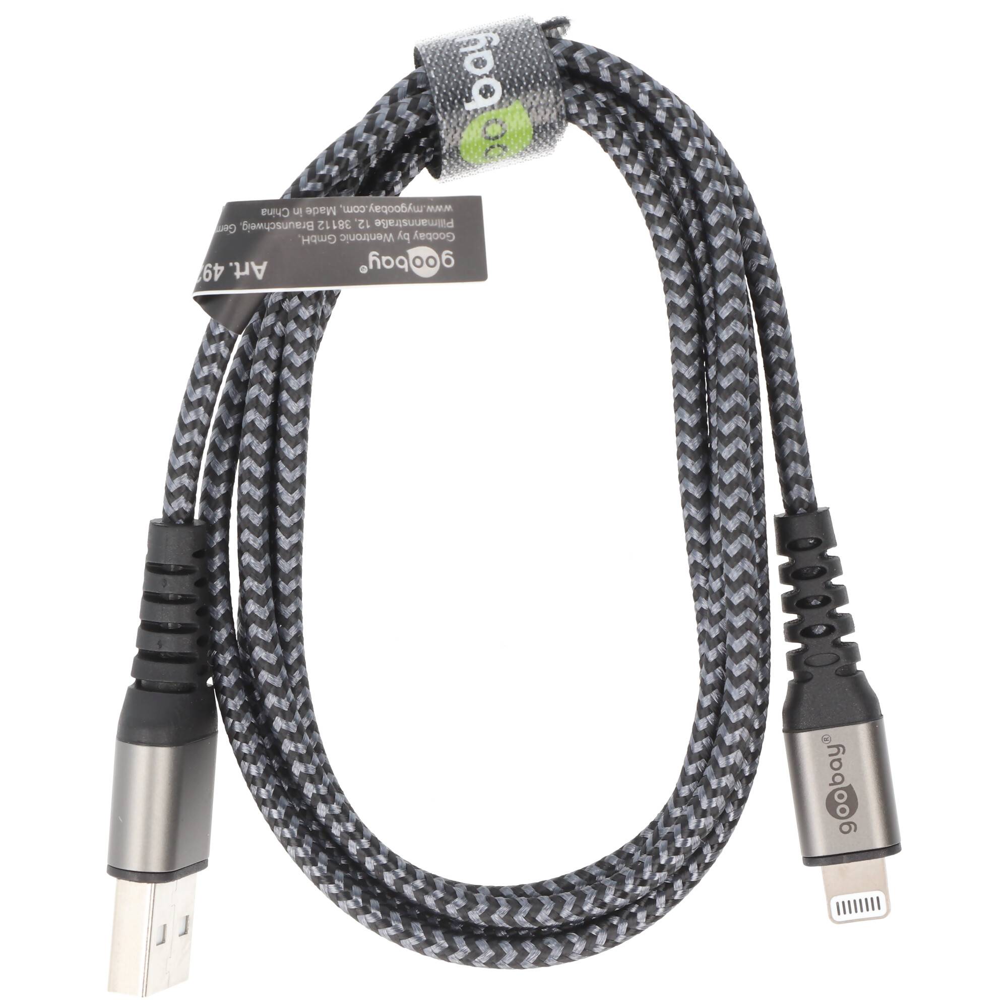 Lightning auf USB-A Textilkabel mit Metallsteckern, extra-robustes Verbindungskabel für Apple iPhone, iPad, iPod, AirPod