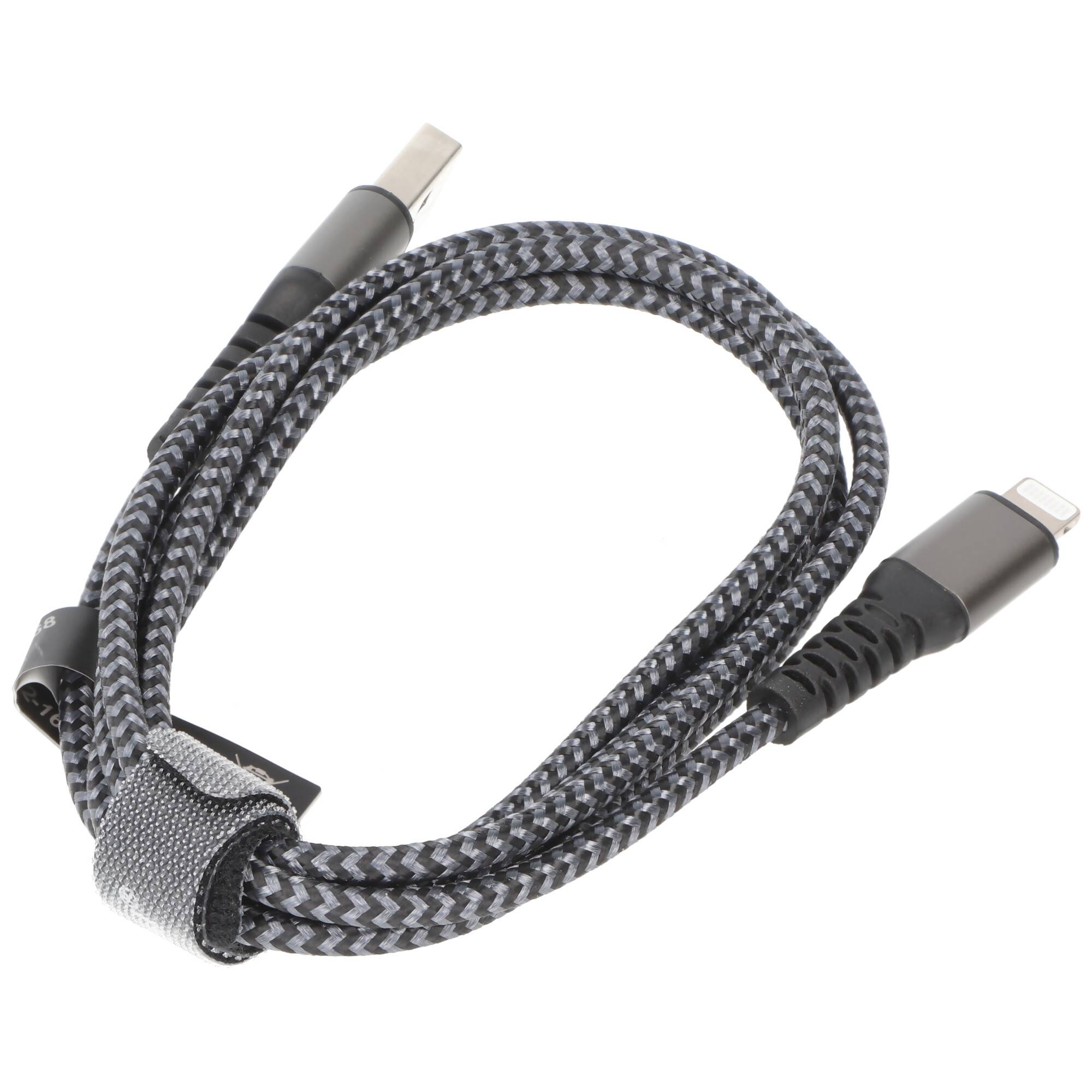 Lightning auf USB-A Textilkabel mit Metallsteckern, extra-robustes Verbindungskabel für Apple iPhone, iPad, iPod, AirPod