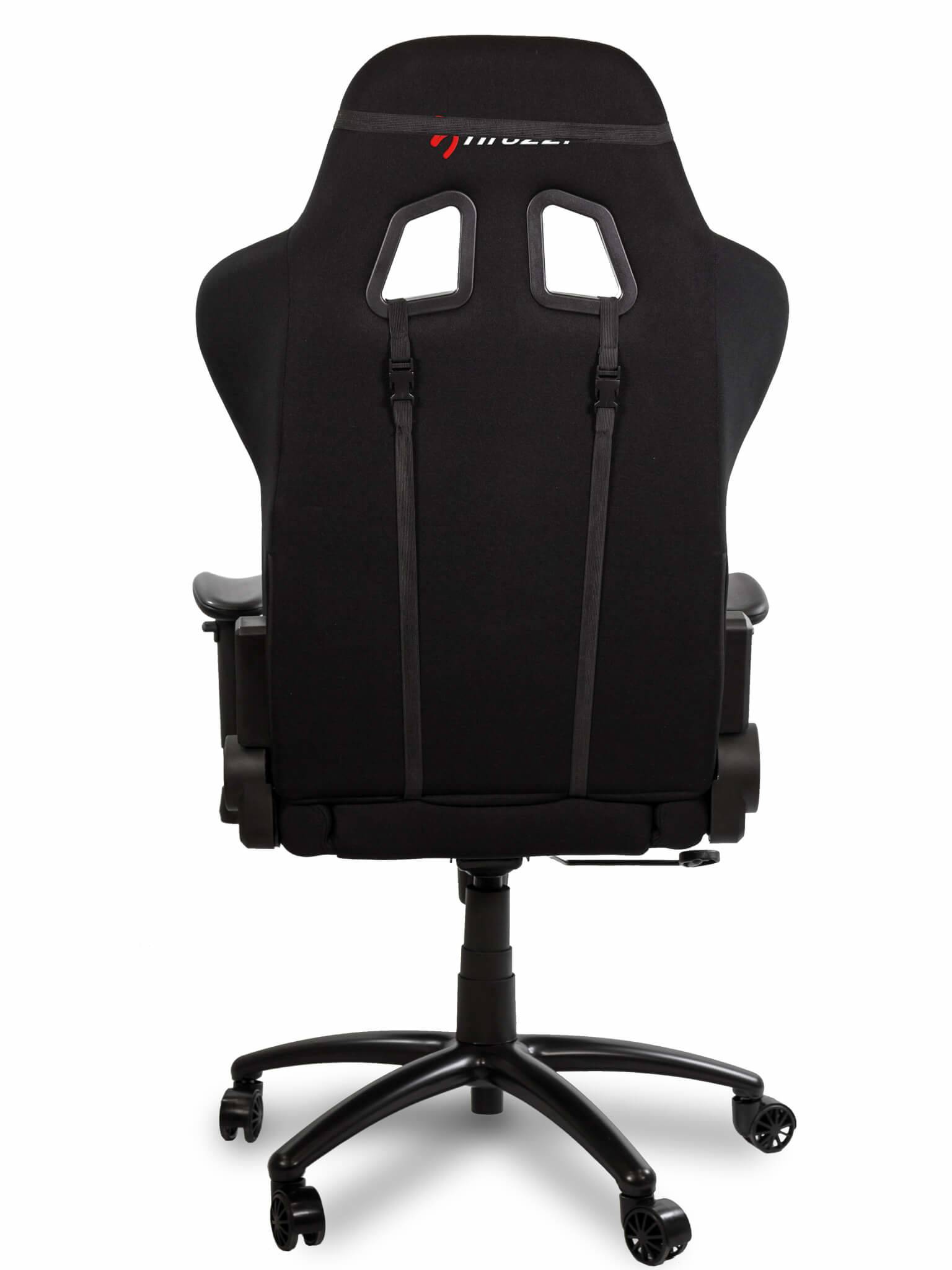 Schwarzer ergonomischer Bürostuhl mit hoher Rückenlehne, Kopfstützenöffnungen, Armlehnen und fünfrädrigem Sockel, von hinten auf weißem Hintergrund dargestellt.