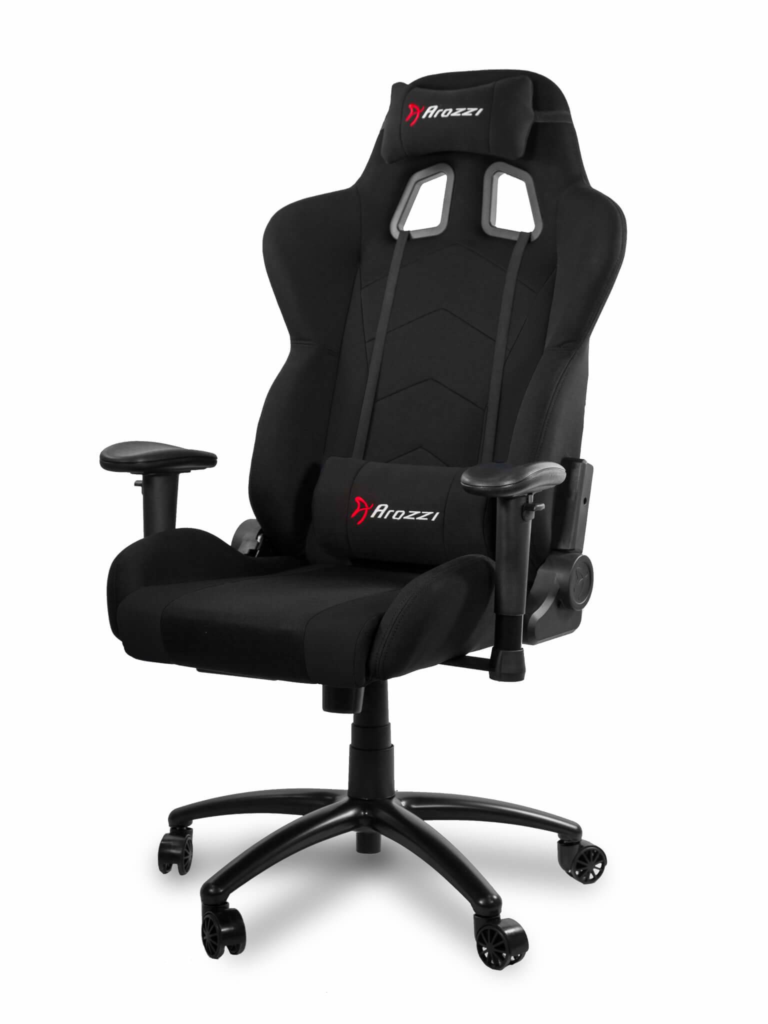 Schwarzer Bürostuhl im Racing-Stil mit verstellbaren Armlehnen, hoher Rückenlehne und fünfrädrigem Fuß auf weißem Hintergrund.