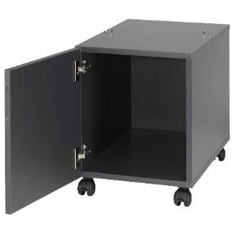 Schwarzer fahrbarer Lagerschrank mit einer offenen Tür, der ein leeres Inneres zeigt.