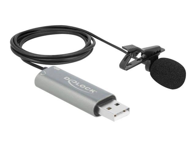 Delock USB Krawatten Lavalier Mikrofon Omnidirektional 24 Bit / 192 kHz mit Clip und 3,5 mm Stereoklinken-Kopfhoereranschluss