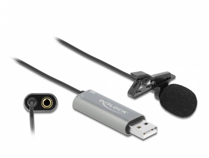 Delock USB Krawatten Lavalier Mikrofon Omnidirektional 24 Bit / 192 kHz mit Clip und 3,5 mm Stereoklinken-Kopfhoereranschluss