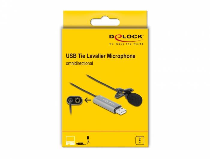 Delock USB Krawatten Lavalier Mikrofon Omnidirektional 24 Bit / 192 kHz mit Clip und 3,5 mm Stereoklinken-Kopfhoereranschluss