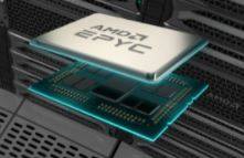 Nahaufnahme eines AMD EPYC-Prozessor-Chips mit der Beschriftung 