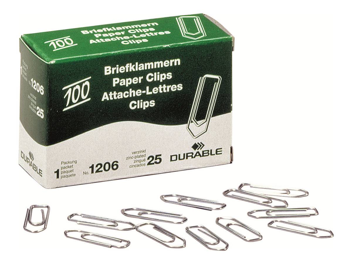Schachtel mit LANGLEBIGEN Büroklammern mit der Beschriftung „Briefklammern