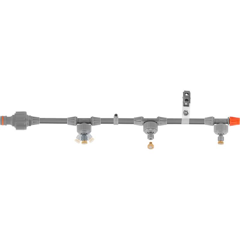 Bewässerungssystem mit mehreren Anschlüssen und Ventilen, das verstellbare Komponenten für eine effiziente Wasserverteilung präsentiert.