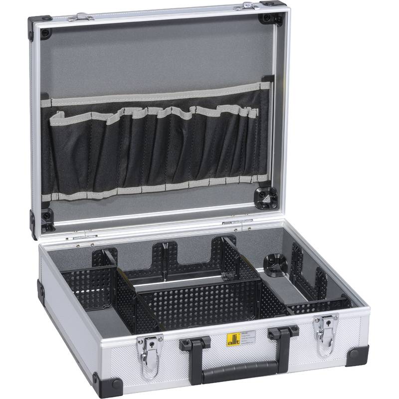 Offener Metallkoffer mit Fächern und verstellbaren Trennwänden. Der Deckel verfügt über eine elastische Tasche für zusätzlichen Stauraum.