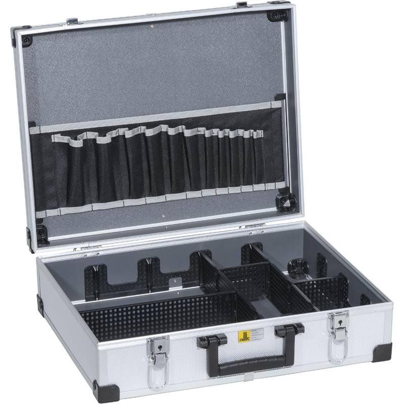 Silberfarbener Aufbewahrungskoffer mit Fächern und Deckel, der Werkzeugschlitze aufweist und für die sichere Organisation und den Transport von Ausrüstung konzipiert ist.