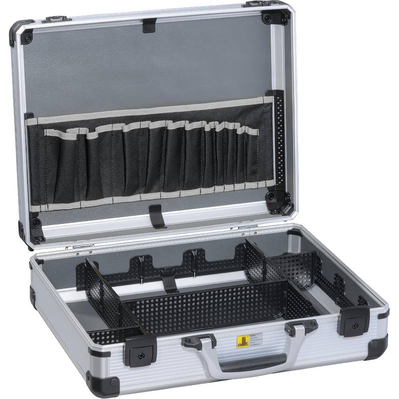 Eine offene, silberne Aufbewahrungsbox mit schwarzen Trennwänden und Deckelnetzen, entwickelt zum Organisieren und Transportieren von elektronischen Werkzeugen oder Zubehör.