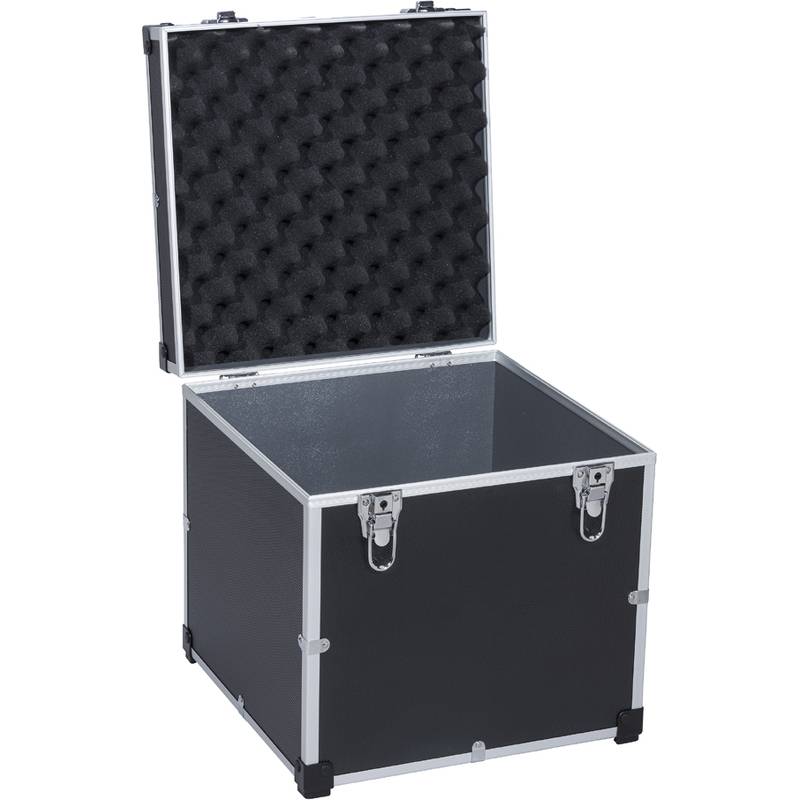 Ein schwarzer Ausrüstungskoffer mit gepolstertem Innenfutter, offener Deckel, Metallkanten und Eckverstärkungen, geeignet für den sicheren Transport von Gegenständen.