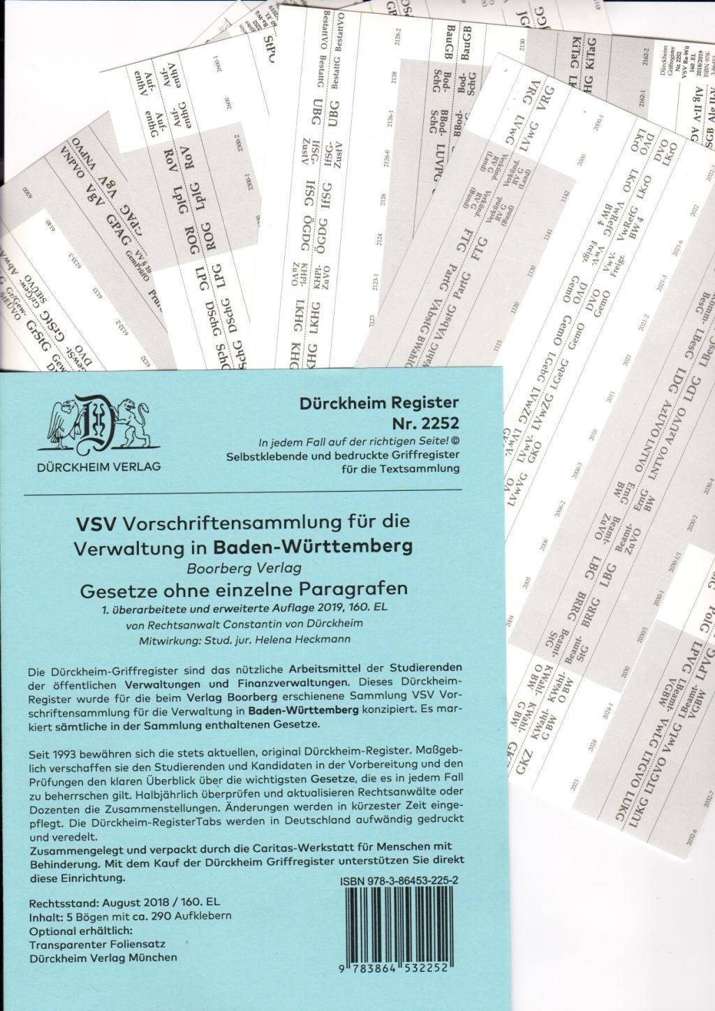 VSV Baden-Württemberg Dürckheim-Griffregister Nr. 2252 (2019) 290 bedruckte Griffregister für die Vorschriftensammlung für die Verwaltung in Baden