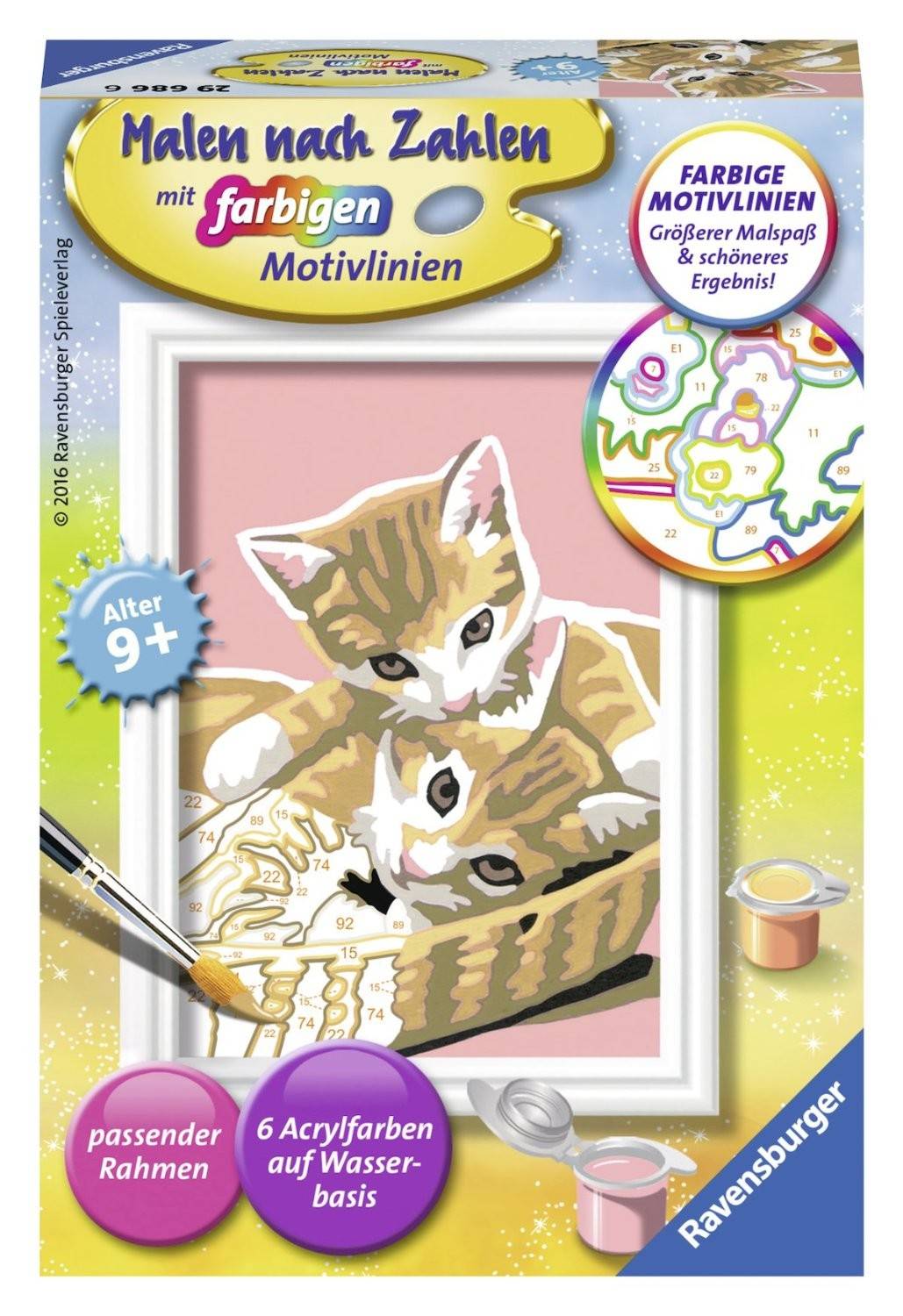 Ravensburger 29686 - Malen nach Zahlen, Katzenbabys Mit farbigen Motivlinien, Jeder kann malen, Maltafel: 8,5 x 12 cm, Mit 6 Acrylfarben auf Wasserbas