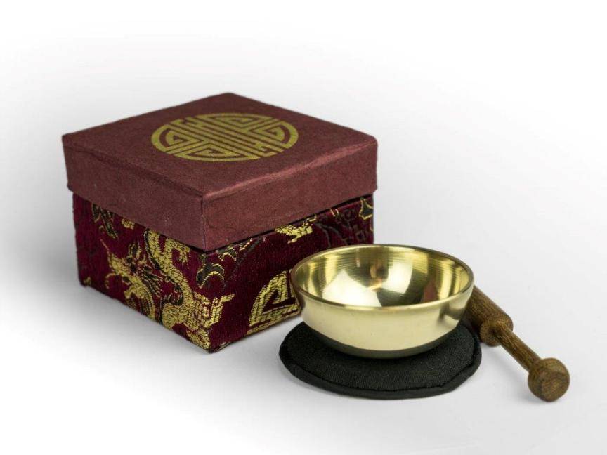 Klangschalen-Set in Box mini violett longevity Mini-Klangschale, Box-Größe: S, sehr kleine, gegossene Klangschale, Mit schwarzer Unterlage und Holzk