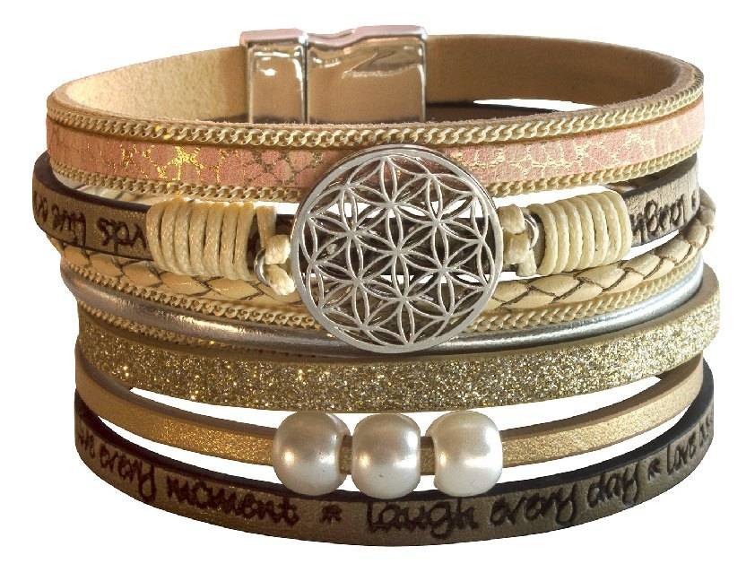 Armband Blume des Lebens Kunstleder beige, Metall silberfarben