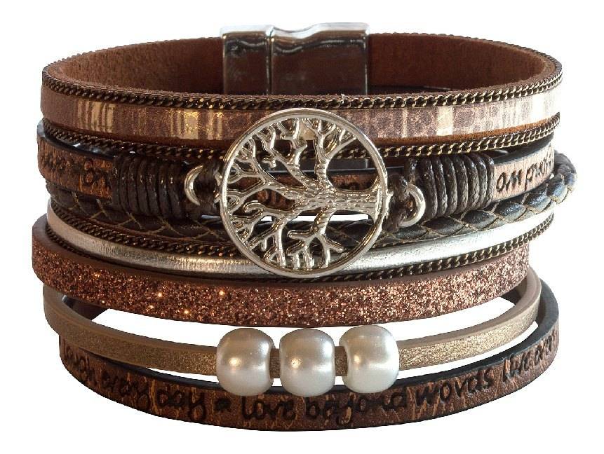 Armband Baum des Lebens Kunstleder braun, Metall silberfarben