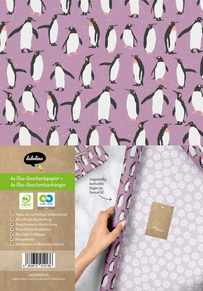 Geschenkpapier Set Weihnachten: Pinguine (lila, weiß) für Kinder 4x doppelseitige Einzelbögen + 4x Geschenkanhänger