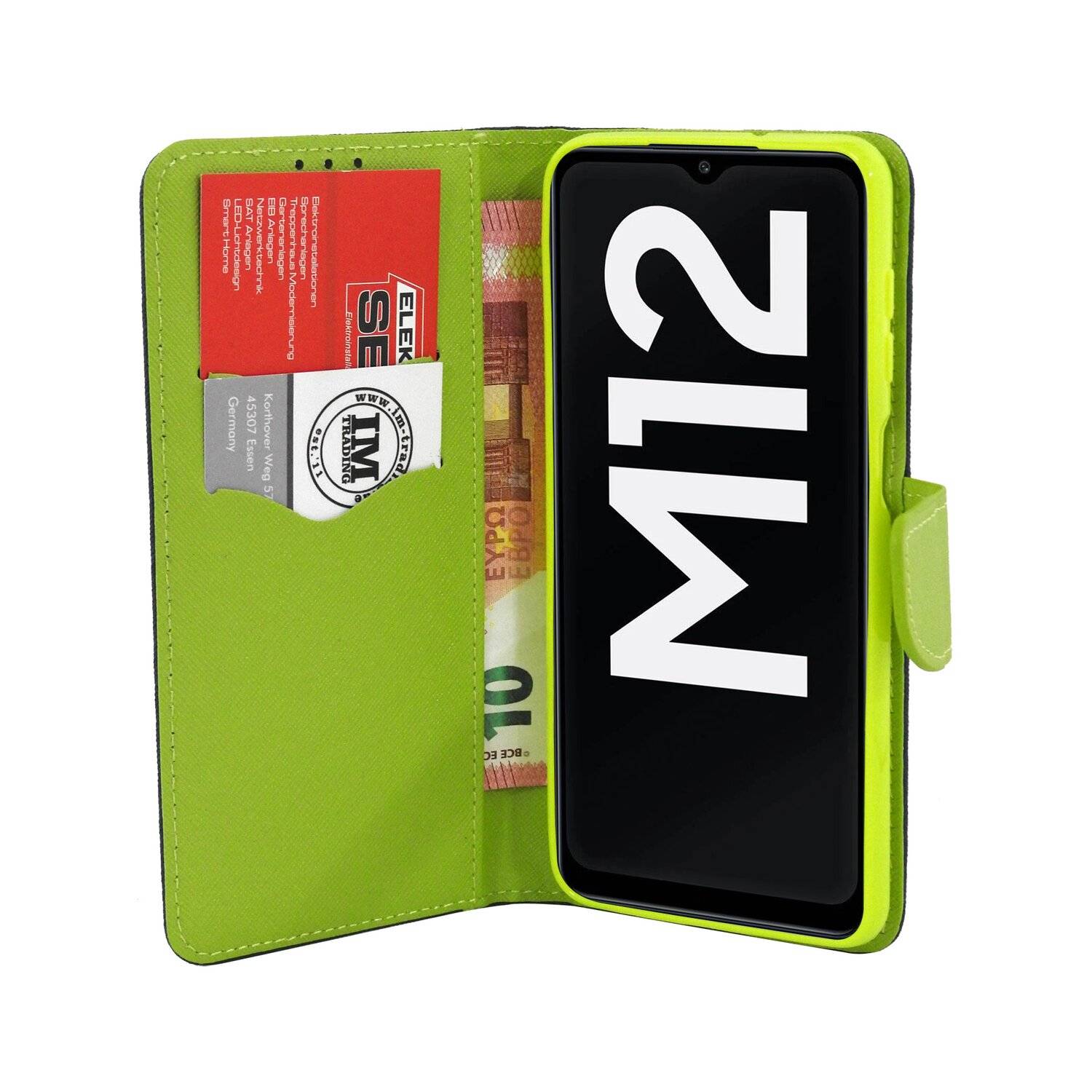 Buch Tasche "Fancy" für SAMSUNG GALAXY M12 (M127F) Handy Hülle Etui Schutzhülle mit Standfunktion, Kartenfach Blau-Grün