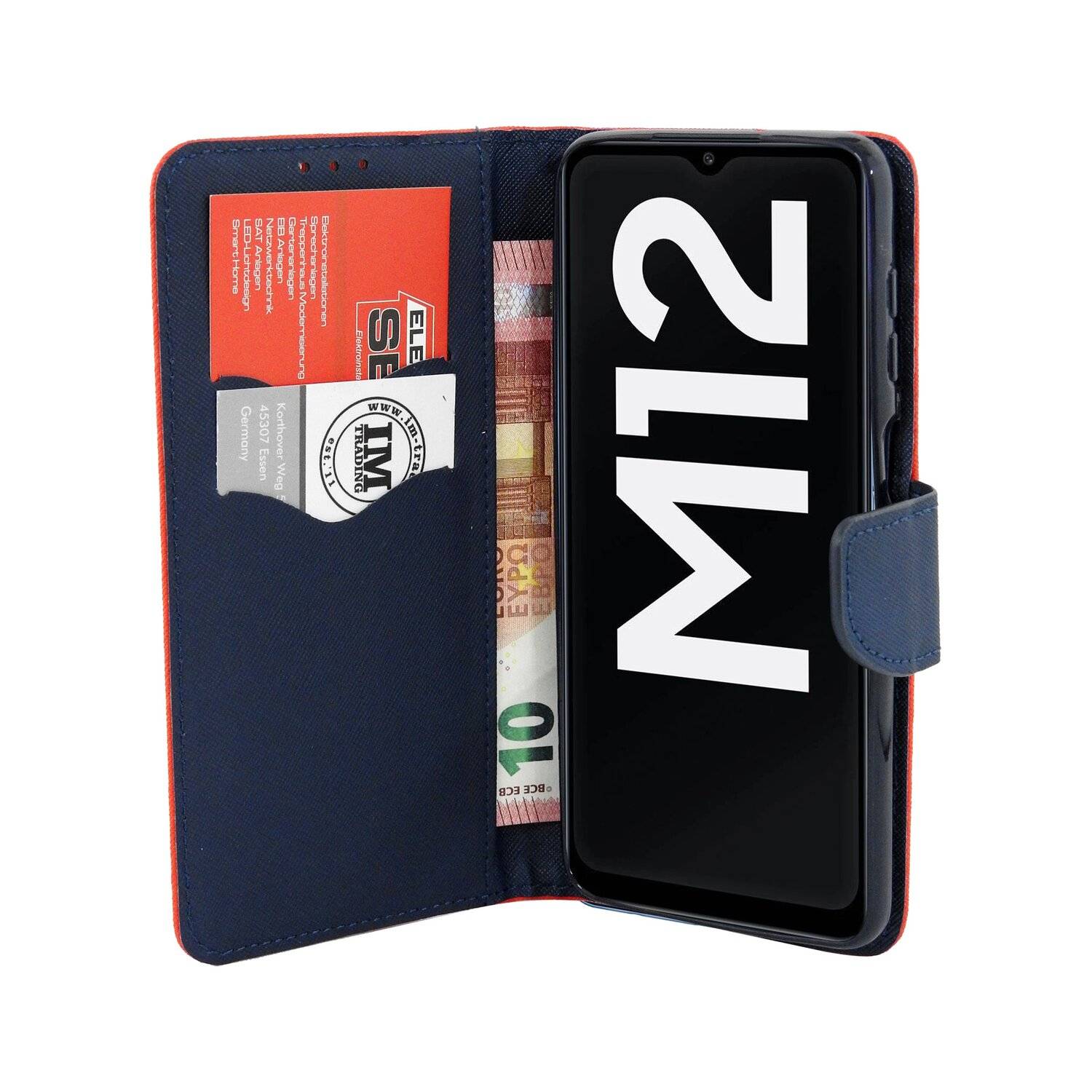 Buch Tasche "Fancy" für SAMSUNG GALAXY M12 (M127F) Handy Hülle Etui Schutzhülle mit Standfunktion, Kartenfach Rot-Blau