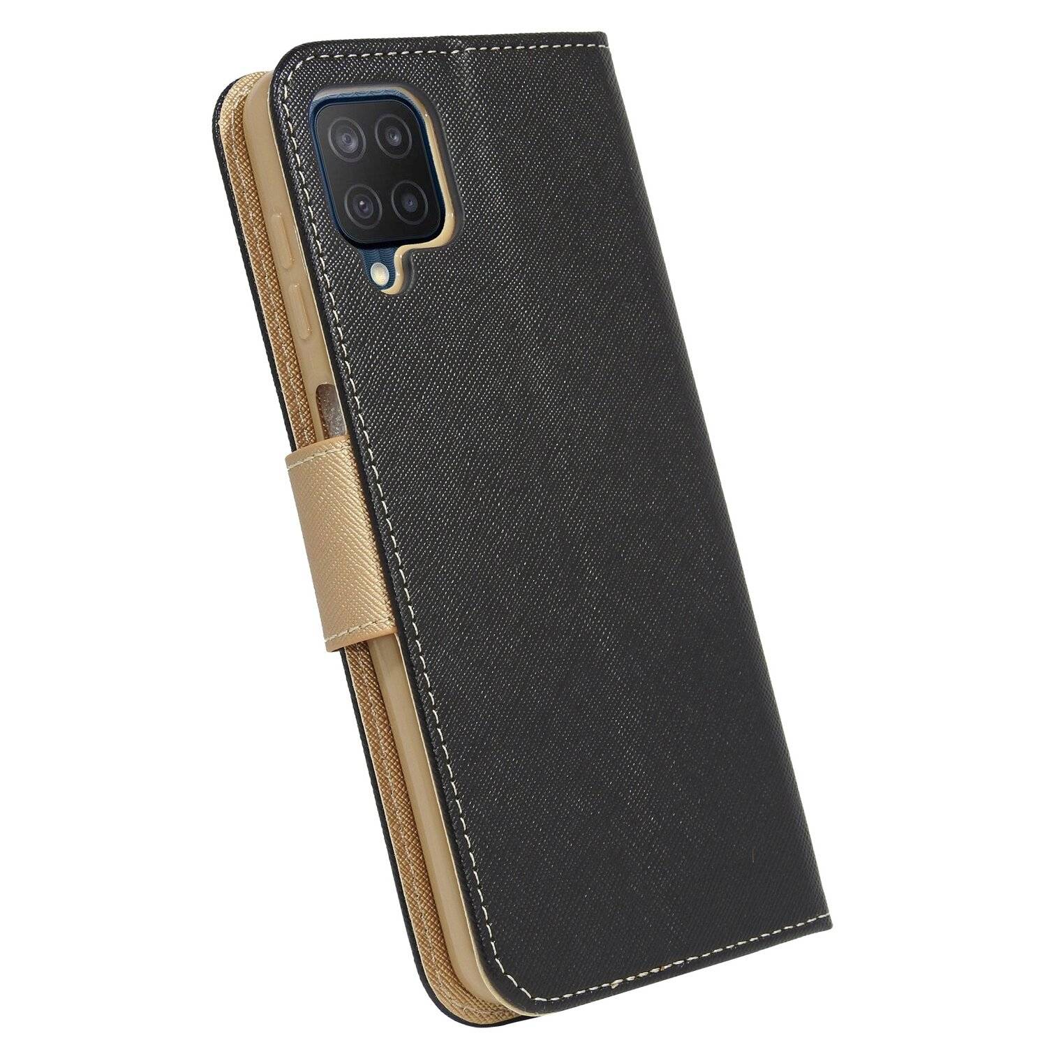 Buch Tasche "Fancy" für SAMSUNG GALAXY M12 (M127F) Handy Hülle Schutzhülle mit Standfunktion, Kartenfach Schwarz-Gold